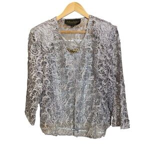 MOSHITA Couture Women's Lace Jacket Blazer Hook Button Sequin Silver/Grey Size16